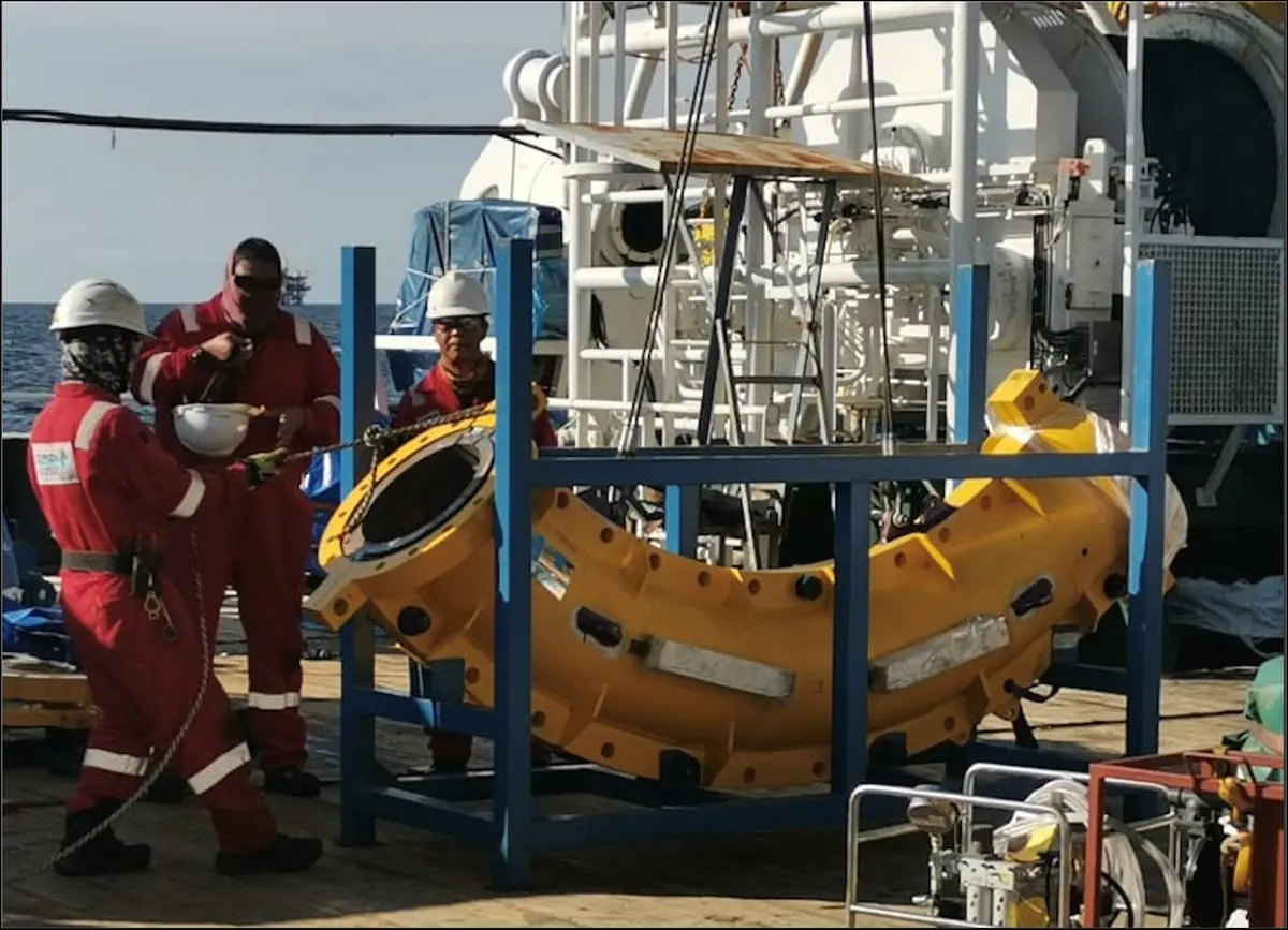 Bend sleeve prepared on deck for subsea deployment.